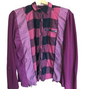Upcycled Patchwork Flannel Shirt, Mixed Print Button-Down Magenta Blouse Size M